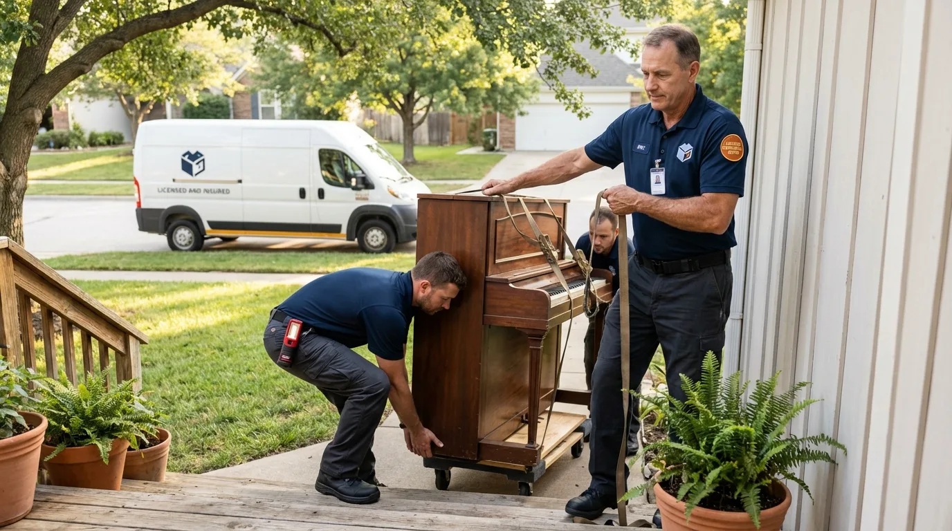 Licensed piano movers securing grand piano in Colorado City, AZ