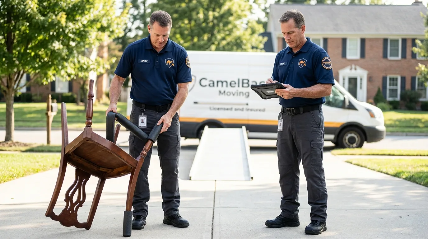 Movers inspecting furniture for damage prevention before loading in Colorado City, AZ