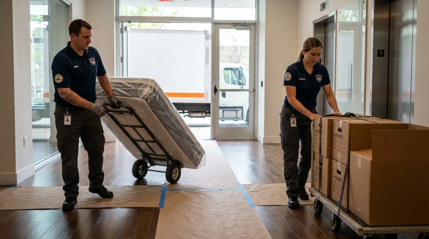 Professional apartment movers loading elevator in Colorado City, AZ