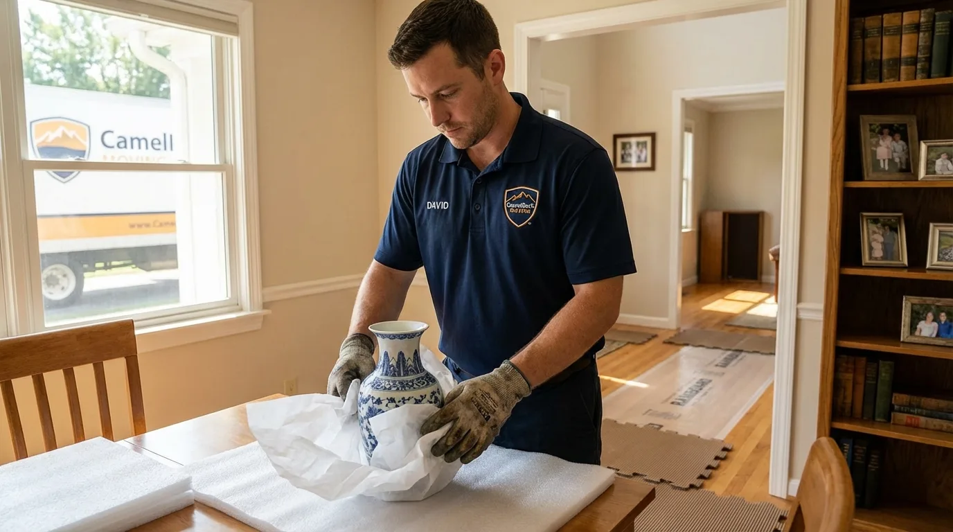 Professional crew carefully wrapping antique vase for senior downsizing move in Colorado City, AZ